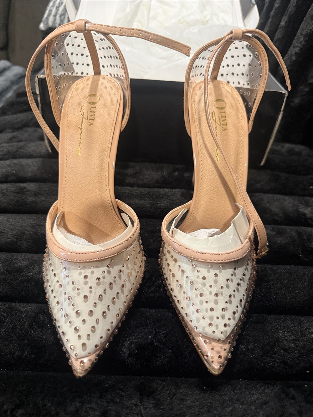 Pink Pointed Toe Studded Ankle Strap Heels